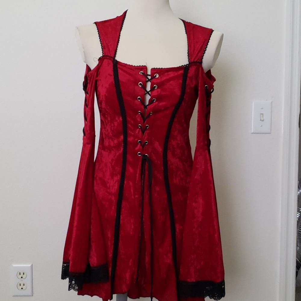 Lip Service Red Velvet Goth Lace up Dress Top